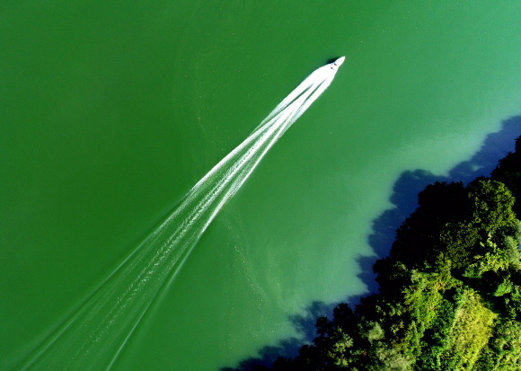 15일 경기도 양평인근 한강물이 녹색을 띄고 있다. 2018.8.15 박지환기자 popocar@seoul.co.kr