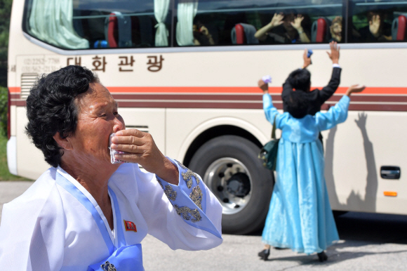 제21차 남북 이산가족 1차 상봉 행사 마지막날인 22일 금강산호텔에서 이산가족들이 작별인사를 하고 있다.