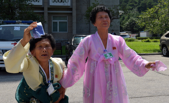 제21차 남북 이산가족 1차 상봉 행사 마지막날인 22일 금강산호텔에서 남측 이금섬(92) 할머니가 북측 아들 리상철(71)과 작별인사를 하고 있다.