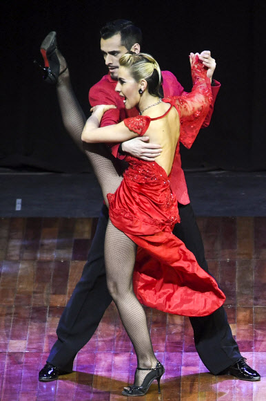 22일(현지시간) 아르헨티나 부에노스 아이레스에서 열린 ‘제16회 세계 탱고 선수권대회(Tango Dance World Championship)’에 참가한 아르헨티나팀이 결승무대에서 멋진 경연을 펼치고 있다. AFP 연합뉴스