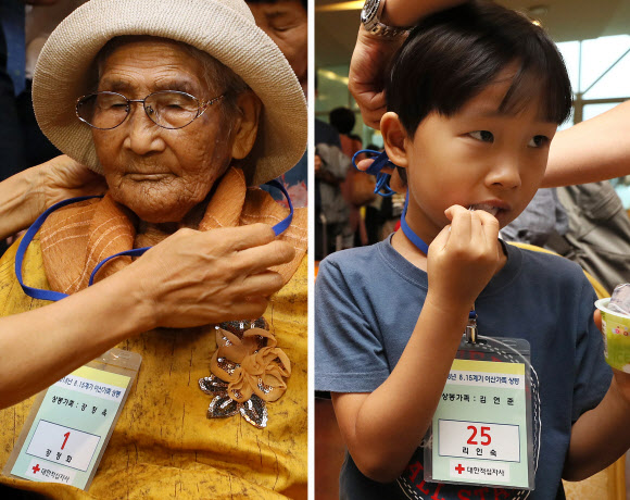 제21차 이산가족 상봉행사 2회차를 하루 앞둔 23일 오후 강원도 속초시 한화리조트에서 남측 최고령자 강정옥(100.왼쪽)할머니와 최연소 김연준(7)군이 상봉 등록을 마쳤다. 24∼26일 열리는 2차 상봉에서는 북측에서 이산가족 상봉을 신청한 83명과 동반 가족들이 남측가족 337명을 만날 예정이다. 2018.8.23  연합뉴스