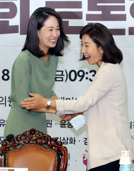 자유한국당 나경원 의원과 바른미래당 김수민 의원이 24일 국회 의원회관에서 열린 비동의 간음죄 도입을 위한 국회 토론회에서 웃으며 인사하고 있다. 2018.8.24  연합뉴스