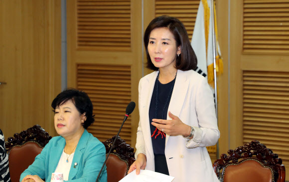 자유한국당 나경원 의원이 24일 국회 의원회관에서 열린 비동의 간음죄 도입을 위한 국회 토론회에서 인사말을 하고 있다. 2018.8.24  연합뉴스