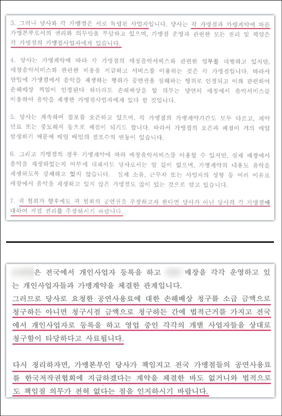 대기업 프랜차이즈 측에서 한국음악저작권협회에 보낸 답변서로, 본사에는 공연사용료 납부 책임이 없으니 가맹점에 권리를 주장하라는 내용이 담겨 있다. (제공=한국음악저작권협회)