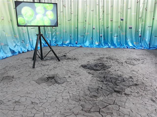 ‘애로 팩토리 스페이스’에서 열리고 있는 환경문제에 관한 작품. 진흙 바닥은 인간이 배출하는 이산화탄소를 형상화했다.