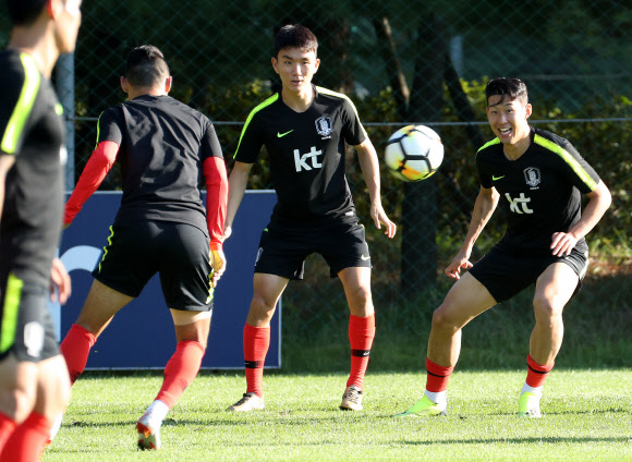 훈련하는 손흥민,황인범