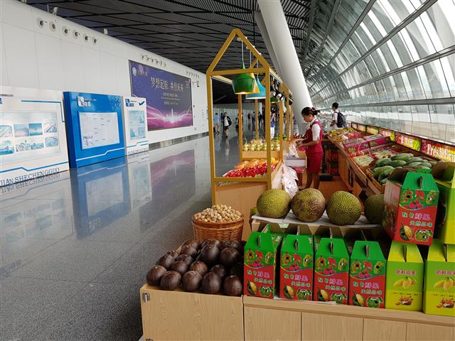 윈난성 쿤밍공항에 설치된 농산물 판매소. 지역 특성을 이용해 신선한 과일과 농산물을 판매하고 있었다.