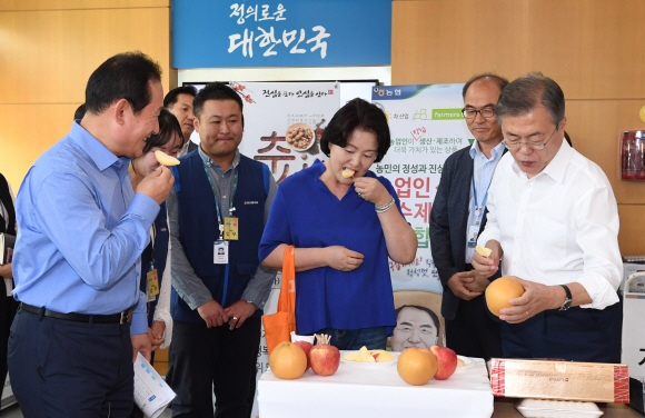 11일 청와대 연풍문에서 열린 추석맞이 직거래장터를 찾은 문재인 대통령과 김정숙 여사가 시식을 하고 있다. 2018. 9. 11 도준석 기자 pado@seoul.co.kr