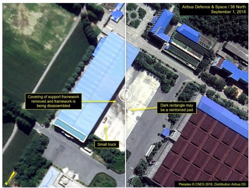 38노스가 지난해 9월 12일(현지시간) 해체됐다고 밝힌 북한의 ‘화성15형’ 미사일 이동식 발사차량 구조물이 있었던 평남 평성시 ‘3·16 자동차공장’ 부지의 위성 사진 모습. 같은 달 1일 위성사진에서는 강화 패드만 남아 있고 다른 구조물들은 사라졌다. 38노스 홈페이지 캡처