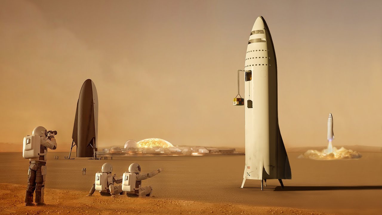 스페이스X가 계획하고 있는 인류의 화성 개척 이미지. 화성 대지에 우주선이 늘어서고 건물이 들어설 예정이다. 유튜브 화면 캡쳐