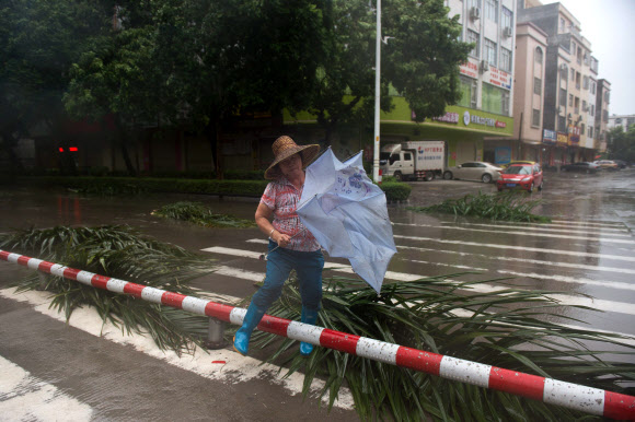 한 여성이 16일(현지시간) 중국 광둥성의 양강에서 강력한 슈퍼 ‘태풍 망쿳’으로 뒤집어진 우산을 붙잡고 부러져 쓰러진 야자수가 널린 거리를 걸어 가고 있다. AFP 연합뉴스