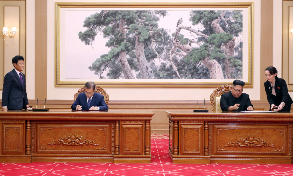 문재인 대통령과 김정은 국무위원장이 19일 북한 평양 백화원 영빈관에서 ‘9월 평양공동선언’에 서명하고 있다.  평양사진공동취재단