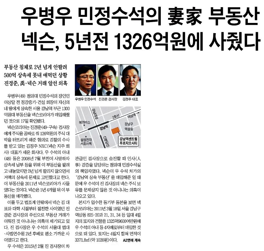 우병우 처가와 넥슨 부동산 거래 의혹 다룬 조선일보 보도