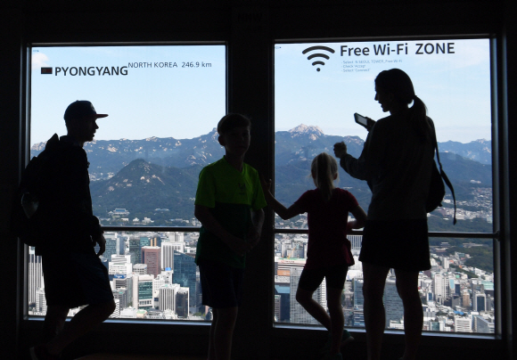 추석연휴 마지막날인 26일 남산 N타워에 관광객들이 휴일을 즐기고 있다. 맑은하늘을 배경으로 창문에 평양까지의 거리를 나타내는 안내글이 붙어있다.2018.9.26 김명국선임기자 daunso@seoul.co.kr