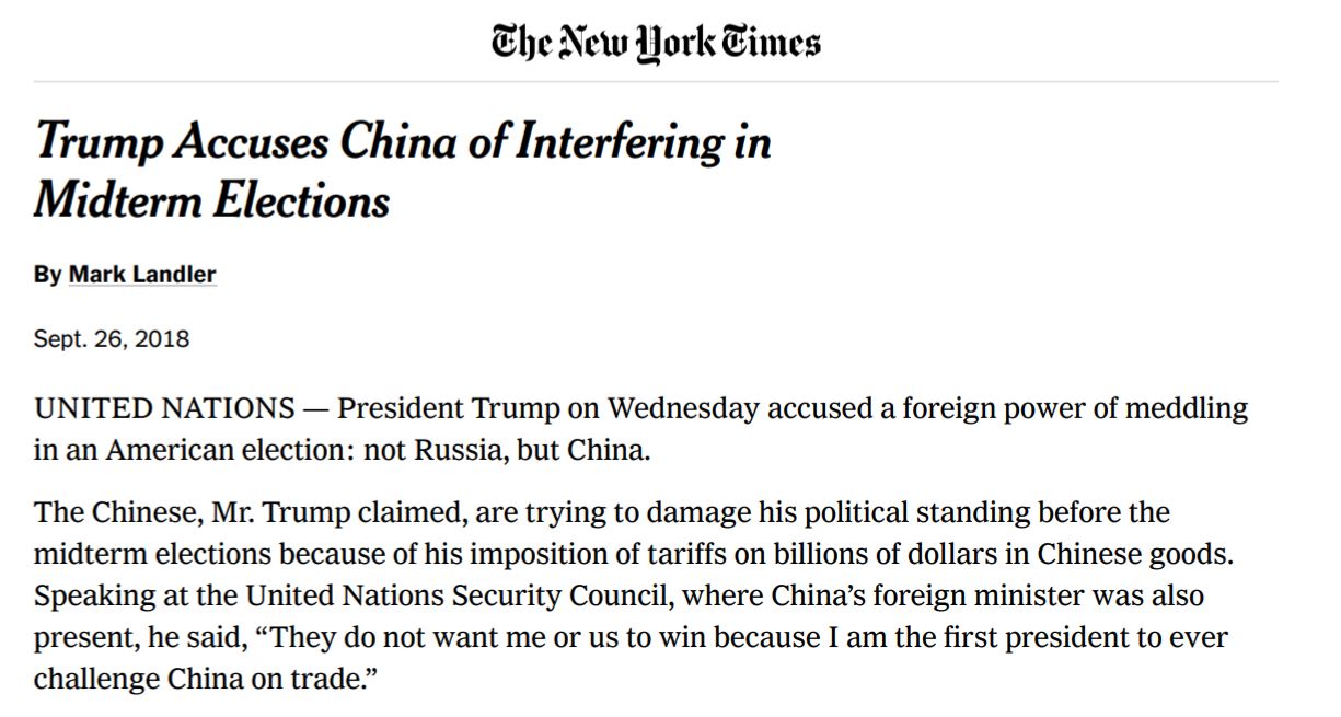 도널드 트럼프 미국 대통령이 중간선거에 중국의 개입을 비난한다는 취지의 미국 뉴욕타임스의 26일(현지시간) 기사.