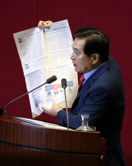 자유한국당 심재철 의원이 2일 국회 본회의 경제 분야 대정부 질문에서 김동연 부총리 겸 기획재정부장관을 상대로 국가재정정보시스템 접속 과정을 설명하던 중 신문에 실린 관련기사를 들어보이고 있다. 2018.10.2  연합뉴스