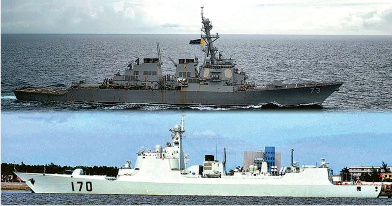남중국해에서 충돌 직전까지 갔던 미국 군함(위)와 중국 군함(아래). 출처:홍콩 명보