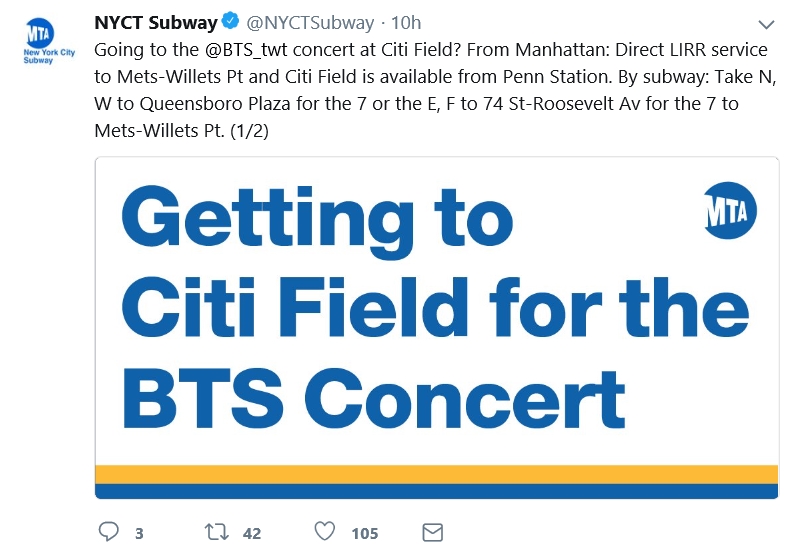 BTS 콘서트가 열리는 뉴욕 시티필드까지 지하철을 이용해 이동하는 법을 트위터로 소개한 뉴욕지하철 공사. 2018.10.7  트위터 캡처