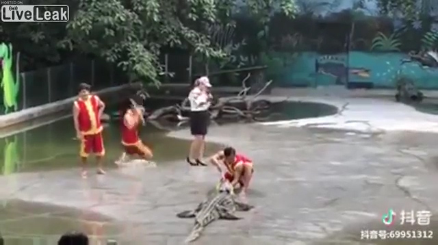 악어쇼를 진행하던 사람들 중 한 명이 물에 빠져 소리에 놀라 줄행랑 치는 모습(유튜브 영상 캡처)