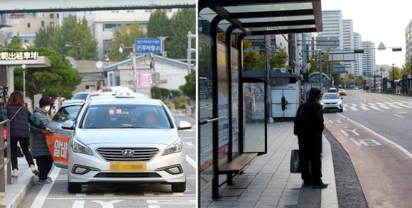 전국 택시업계 종사자들이 운행중단을 예고한 18일 오전 출근길, 우려했던 ‘택시 대란’은 벌어지지 않았지만 지역별로 시민들이 택시를 잡는데 불편을 겪었다. 이날 오전 서울역 앞에서 한 시민이 택시를 타는 모습(왼쪽)과  경기도 일산시 주엽역 인근 택시승차장에서 택시를 기다리는 시민 모습. 2018.10.18  연합뉴스