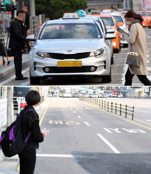 전국 택시업계 종사자들이 운행중단을 예고한 18일 오전 출근길, 우려했던 ‘택시 대란’은 벌어지지 않았지만 지역별로 시민들이 택시를 잡는데 불편을 겪었다. 이날 오전 서울역 앞에 승객들을 기다리는 택시들이 길게 줄지어 서 있는 모습(위)과 경기도 수원시 팔달구 수원역 택시승차장에서 한 시민이 택시를 기다리는 모습. 2018.10.18  연합뉴스