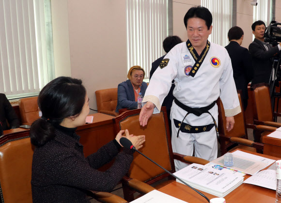 바른미래당 이동섭 의원이 18일 국회에서 열린 문화체육관광위원회의 한국콘텐츠진흥원 등 12개 기관에 대한 국정감사에 태권도복을 입고 참석해 김수민 의원과 인사하고 있다. 2018.10.18  연합뉴스