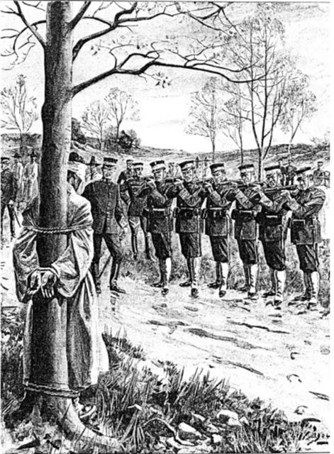 1904년 6월 15일자 영국 ‘일러스트레이트드 런던 뉴스’에 게재된 묘사화. 일본군이 조선인을 나무에 매달아 총살하고 있다.newspapers.com 제공