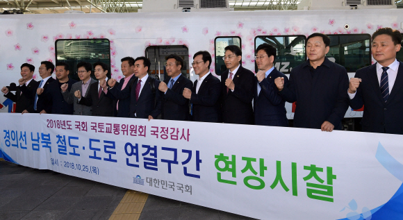 더불어민주당 윤관석 간사를 비롯한 여당 의원들과 오영식 코레일 사장이 25일 오전 서울 용산구 서울역에서 2018년도 국회 국토교통위원회 국정감사 ‘경의선 남북 철도?도로 연결구간 현장시찰’을 출발하기 전 기념촬영을 하고 있다. 이날 자유한국당 등 야당의원들은 불참했다. 2018. 10. 25 국회사진기자단