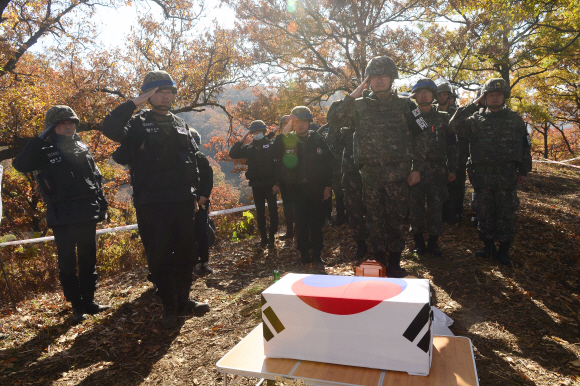 25일 오전 강원도 철원 화살머리 고지 부근  DMZ에서 지뢰제거 작업중 발굴된 유해를 장병들이 옮기고 있다. 2018. 10. 25 사진공동취재단