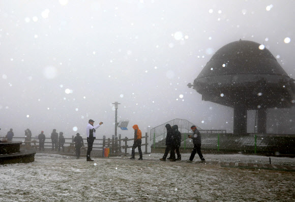 바짝 다가온 겨울…눈 쌓인 평창 발왕산
