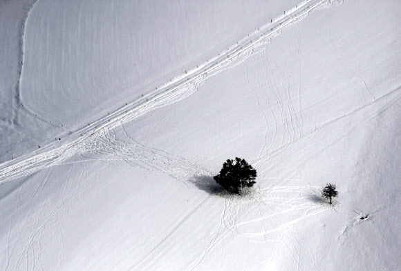 30일(현지시간) 때아닌 폭설로 프랑스 루아르 생테티엔 들판이 눈으로 덮여 있다. AFP 연합뉴스