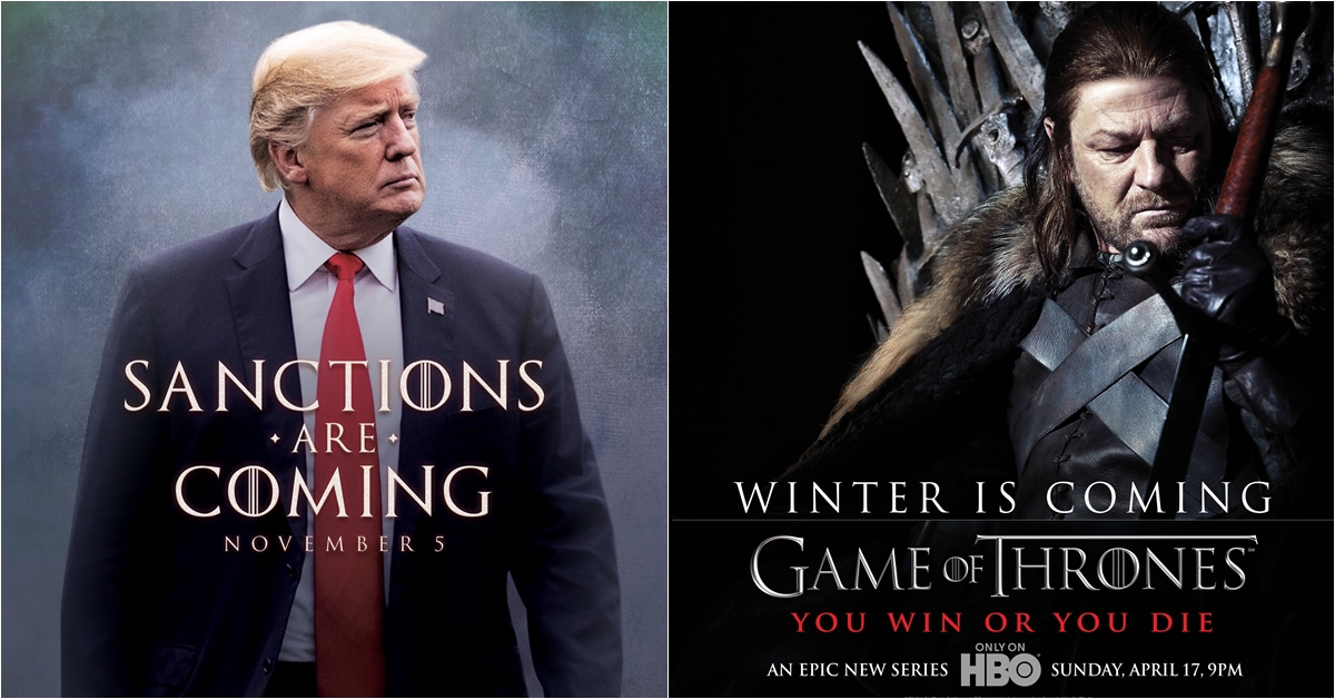 HBO의 인기 드라마 시리즈 ‘왕좌의 게임’(오른쪽)을 패러디해 이란에 대한 미 행정부의 제재를 홍보한 도널드 트럼프 미국 대통령. 2018.11.3  트위터·핀터레스트 캡처