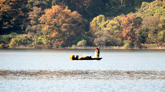 화창한 날씨를 보인 4일 대전시 동구 신상동 흥진마을 앞 대청호에서 한 어부가 어선을 타고 물고기를 잡고 있다. 어선과 어부의 모습이 주변 단풍과 어우러져 아름다운 풍경을 연출하고 있다. 2018.11.4  연합뉴스