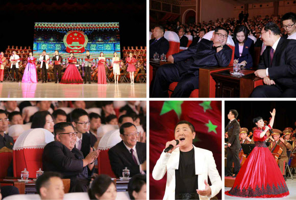 김정은 북한 국무위원장은 3일 평양 만수대예술극장에서 북·중 예술인들의 합동공연을 관람했다고 노동당 기관지 노동신문이 4일 보도했다. 사진은 중국 예술인들의 공연 모습과 김 위원장이 공연을 관람하는 모습. 2018.11.4  연합뉴스