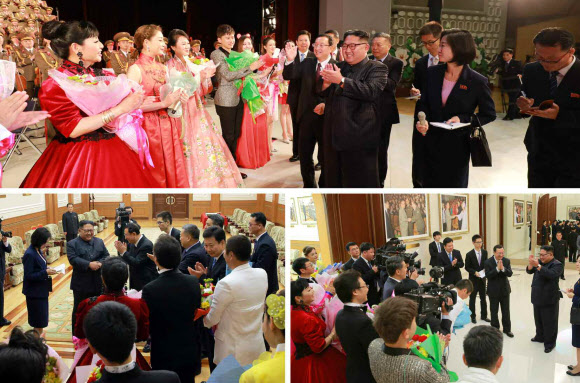 김정은 북한 국무위원장은 3일 평양 만수대예술극장에서 북?중 예술인들의 합동공연을 관람했다고 노동당 기관지 노동신문이 4일 보도했다. 사진은 공연이 끝난 뒤 중국 예술인들의 공연 성과를 축하하는 김 위원장의 모습.2018.11.4  연합뉴스