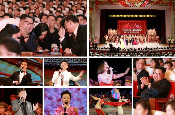 김정은 북한 국무위원장은 3일 평양 만수대예술극장에서 북·중 예술인들의 합동공연을 관람했다고 노동당 기관지 노동신문이 4일 보도했다. 사진은 중국 예술인들의 공연 모습과 김 위원장이 공연을 관람하는 모습. 2018.11.4  연합뉴스