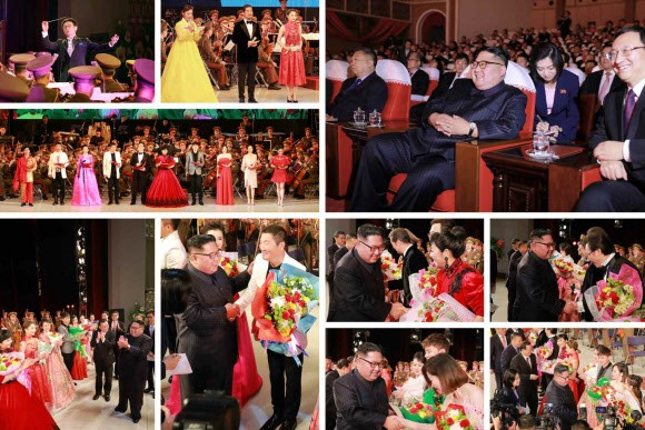 김정은 북한 국무위원장은 3일 평양 만수대예술극장에서 북·중 예술인들의 합동공연을 관람했다고 노동당 기관지 노동신문이 4일 보도했다. 위의 사진은 중국 예술인들의 공연 모습과 김 위원장이 공연을 관람하는 모습. 아래 사진은 공연이 끝난 뒤 무대에 올라 중국 예술인들과 인사를 나누는 김 위원장의 모습. 2018.11.4  연합뉴스