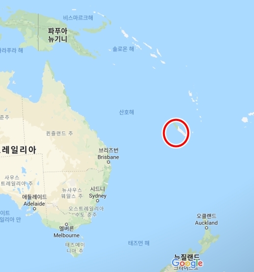 뉴칼레도니아의 위치(가운데 빨간색 원)  구글 지도 캡처   