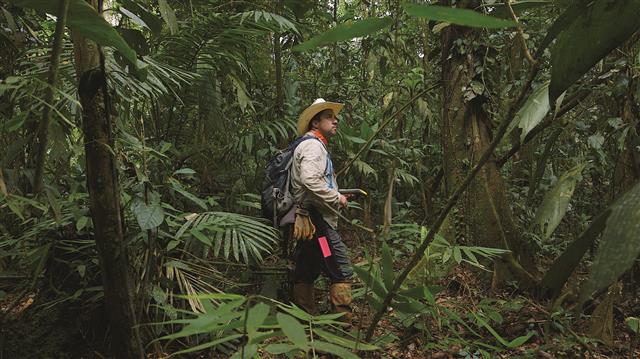 온두라스의 고대 도시 ‘시우다드 블랑카’를 발굴하는 탐사대의 수석 고고학자 크리스 피셔가 울창한 숲에서 GPS를 사용해 유적지를 찾고 있다. 