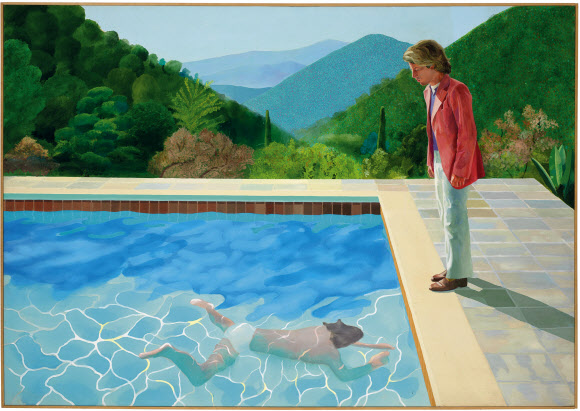 영국 출신의 세계적 현대 미술가 데이비드 호크니가 1972년에 그린 회화 ‘예술가의 초상’(Portrait of an Artist(Pool with two figures)). 수영장을 배경으로 두 남자를 그린 이 작품이 15일(현지시간) 미국 뉴욕 크리스티 경매에서 9천30만 달러(1천19억원, 수수료 포함)에 팔렸다고 외신이 전했다.  AP 연합뉴스