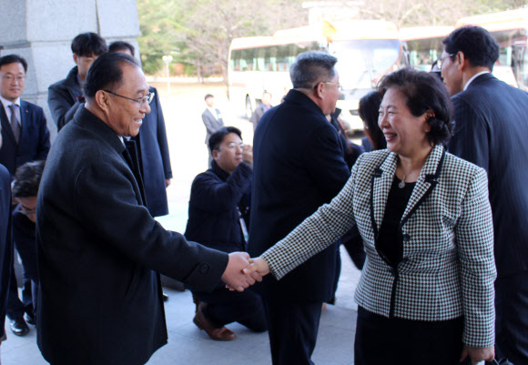 악수하는 현정은-황호영