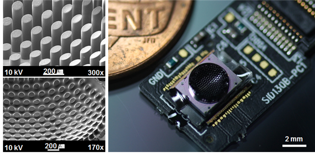 MEMS 공정을 통해 제작된 마이크로프리즘 어레이의 SEM 영상(왼쪽) 완성된 초박형 디지털 카메라의 광학 영상(오른쪽) 카이스트 제공