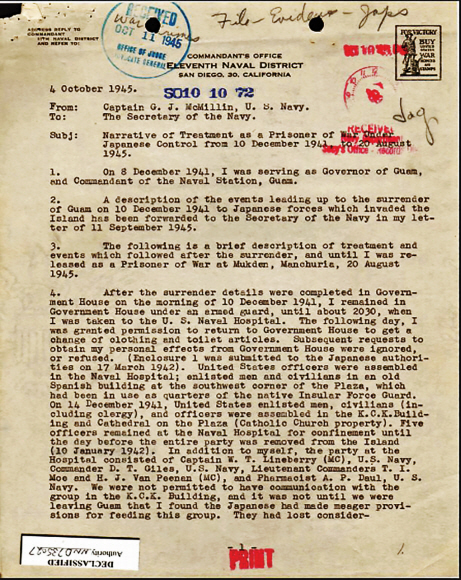 괌 주지사였던 맥밀란이 1945년 10월 4일자로 해군부 장관에게 일본군 전쟁범죄 관련 내용을 보고한 보고서.  서울시-서울대 정진성 연구팀 제공