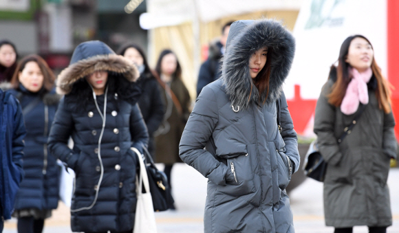 절기상 첫눈이 내린다는 소설이자 추위가 엄습한 22일 오전 두꺼운 복장을 한 시민이 서울 광화문 사거리를 지나고 있다. 2018.11.22 도준석 기자 pado@seoul.co.kr