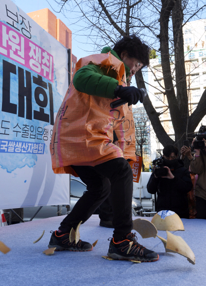22일 서울 여의도 수출입은행 인근에서 열린 농민대회에 참가한 농민이 쪽박깨기 퍼포먼스를 하고 있다.2018. 11. 22. 박윤슬 기자 seul@seoul.co.kr