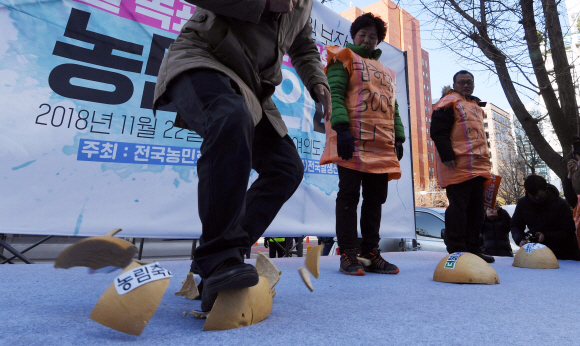 22일 서울 여의도 수출입은행 인근에서 열린 농민대회에 참가한 농민이 쪽박깨기 퍼포먼스를 하고 있다.2018. 11. 22. 박윤슬 기자 seul@seoul.co.kr