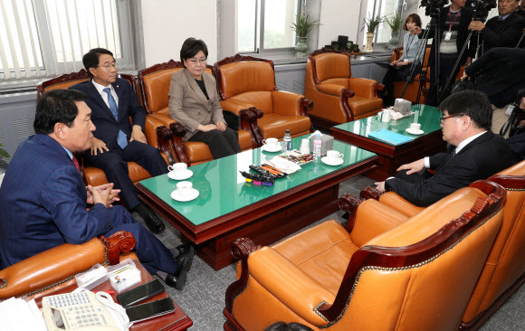 27일 오전 국회 예결위원장실에서 자유한국당 장제원 간사가 퇴장한 가운데 여야 예산결산특별위원회 간사들이 안상수 위원장과 대화하고 있다.  왼쪽부터 시계방향으로 자유한국당 안상수 위원장, 더불어민주당 조정식, 바른미래당 이혜훈, 김용진 기획재정부 2차관. 2018.11.27  연합뉴스