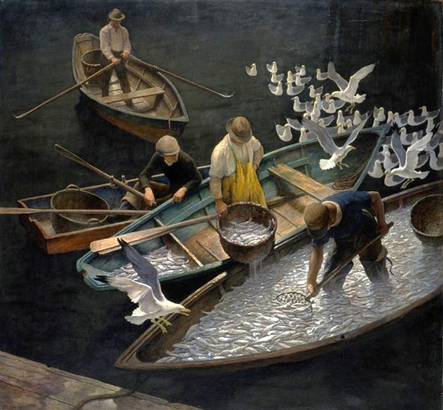 뉴웰 컨버스 와이엇, ‘다크 하버의 어부들’, 1943년 (89※96.5㎝, 포틀랜드 미술관, 미국 메인주 포틀랜드)