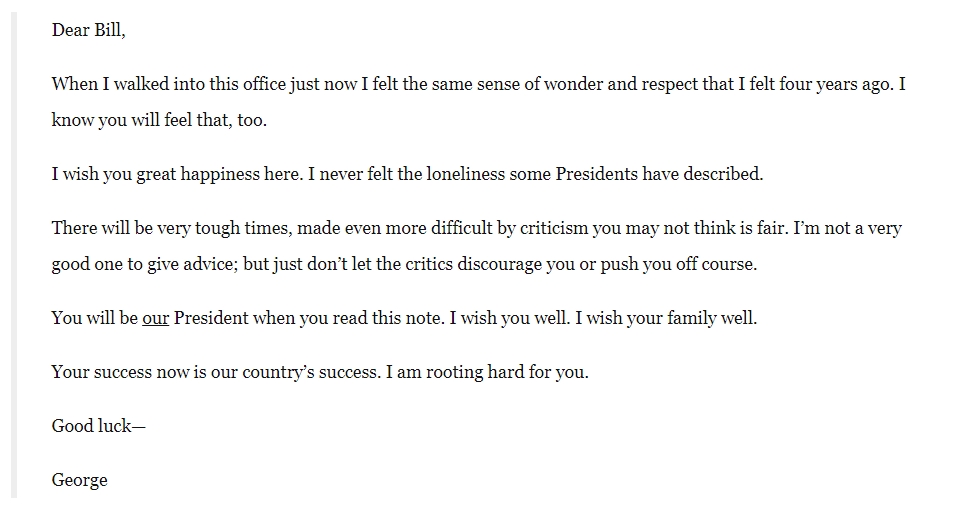 조지 H.W 부시 대통령이 백악관 집무실에 후임인 빌 크린턴 대통령을 위해 남긴 편지 전문. WP 캡처