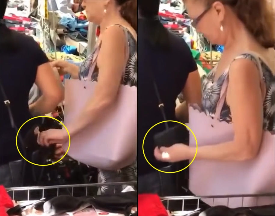 시장에서 옷을 고르는 피해여성의 지갑을 슬쩍하는 중년 여성 소매치기범의 모습(유튜브 영상 캡처)